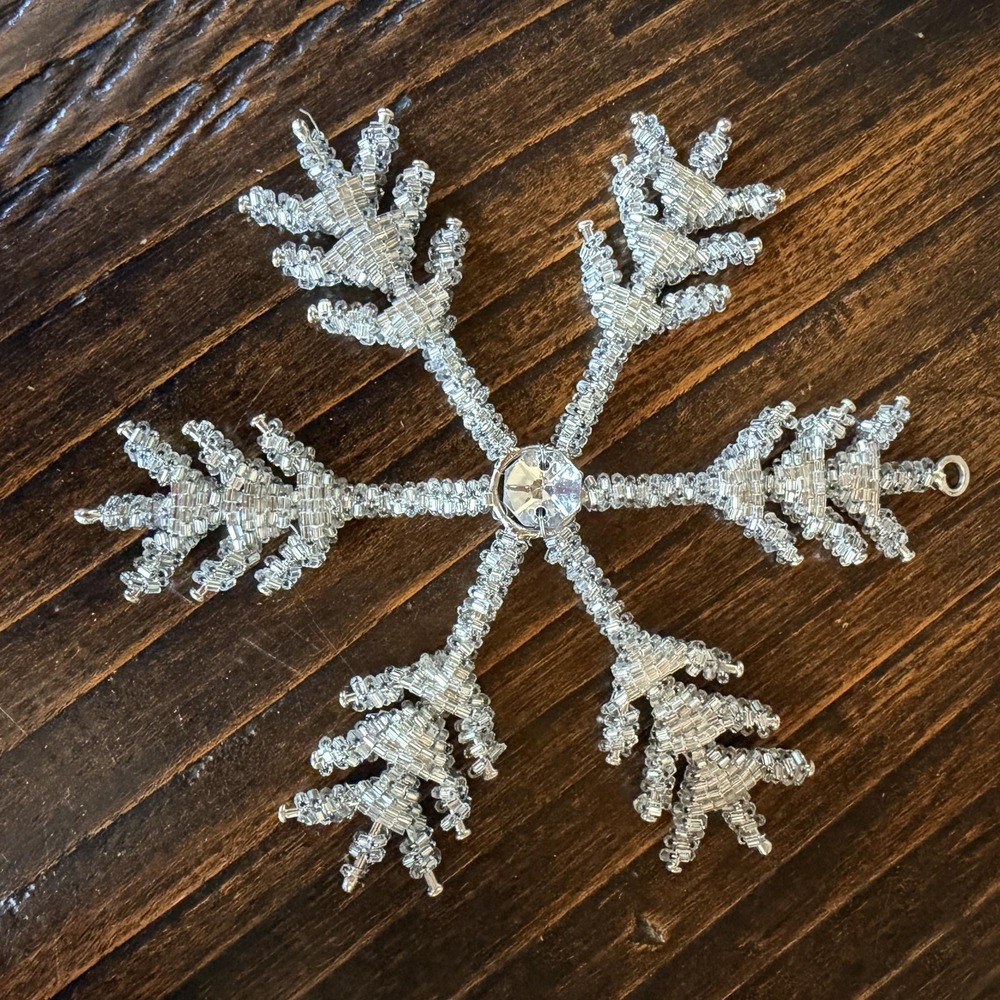 Silver Beaded Snowflake Bauble Ornament Glass Wire Rhinestone Christmas Decor